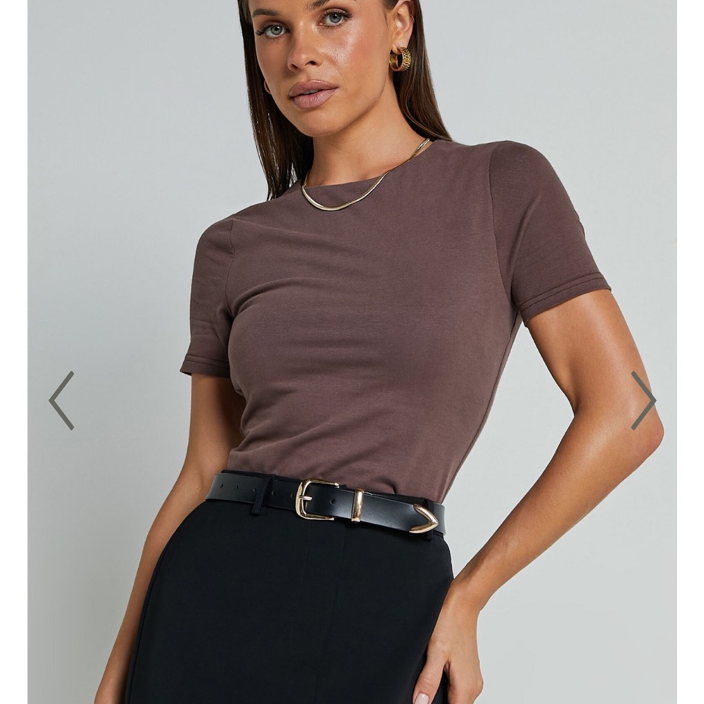 Showpo ALEXIE TSHIRT - HIGH NECKLINE TSHIRT IN DARK OAK